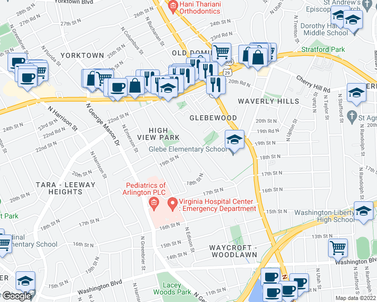 map of restaurants, bars, coffee shops, grocery stores, and more near 19th Street North & North Cameron Street in Arlington