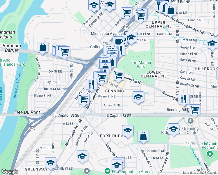 map of restaurants, bars, coffee shops, grocery stores, and more near 3932 Clay Place Northeast in Washington