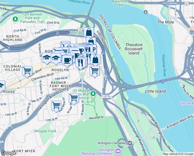 map of restaurants, bars, coffee shops, grocery stores, and more near 101 Independence Avenue Southeast in Washington