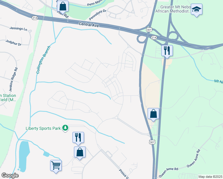 map of restaurants, bars, coffee shops, grocery stores, and more near Lake Glen Drive in Glenn Dale