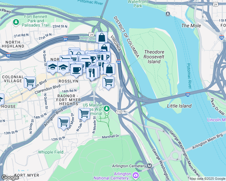 map of restaurants, bars, coffee shops, grocery stores, and more near 1021 Arlington Boulevard in Arlington