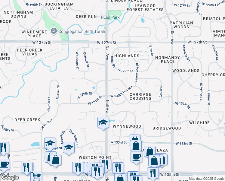 map of restaurants, bars, coffee shops, grocery stores, and more near 13001 Ash Street in Leawood