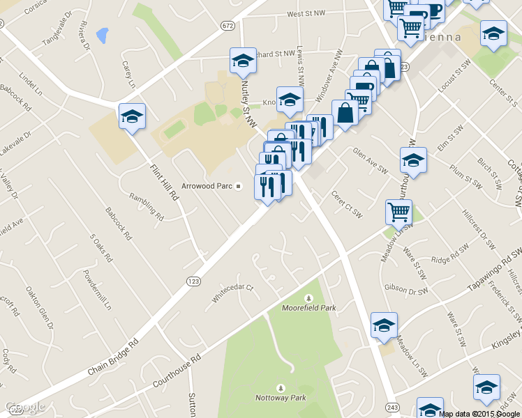 map of restaurants, bars, coffee shops, grocery stores, and more near 2526 Chain Bridge Road in Vienna
