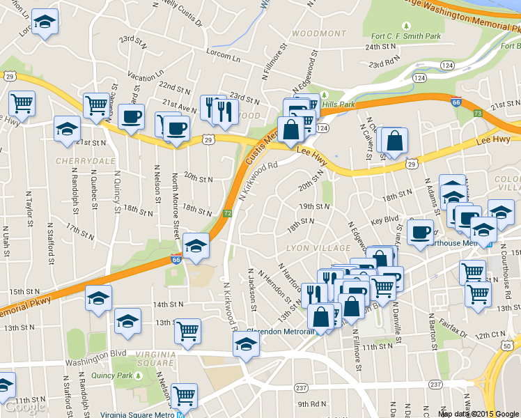 map of restaurants, bars, coffee shops, grocery stores, and more near 1830 North Herndon Street in Arlington