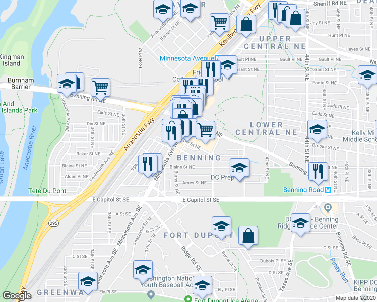 map of restaurants, bars, coffee shops, grocery stores, and more near 3930 Clay Place Northeast in Washington