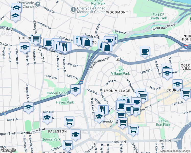 map of restaurants, bars, coffee shops, grocery stores, and more near 1830 North Herndon Street in Arlington