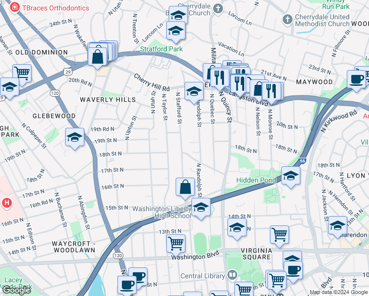 map of restaurants, bars, coffee shops, grocery stores, and more near 1803 North Stafford Street in Arlington