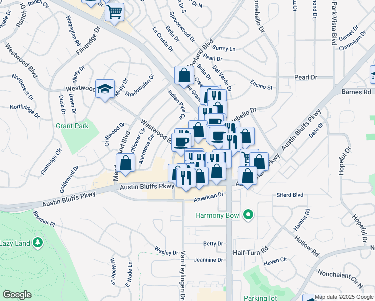 map of restaurants, bars, coffee shops, grocery stores, and more near 3624 Austin Bluffs Parkway in Colorado Springs