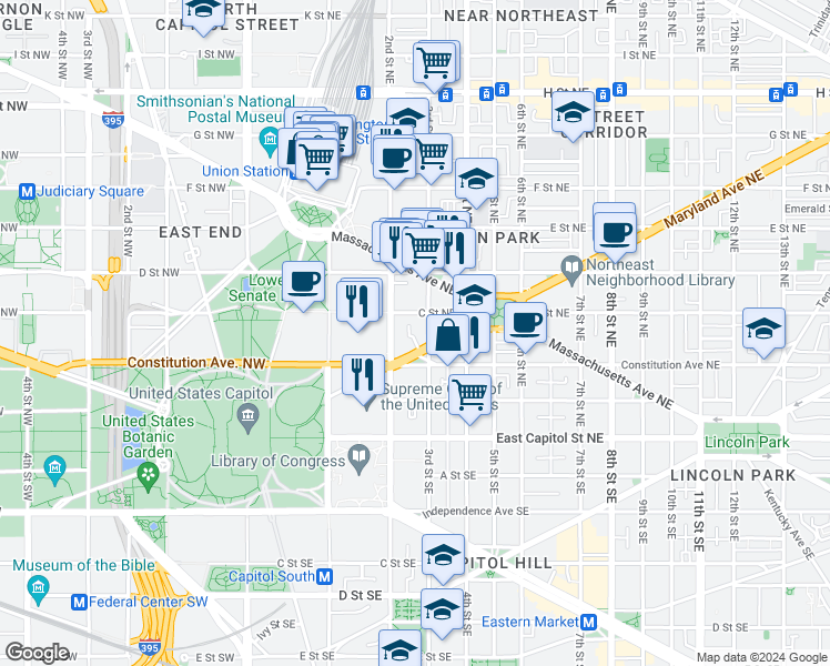 map of restaurants, bars, coffee shops, grocery stores, and more near 240 Maryland Avenue Northeast in Washington