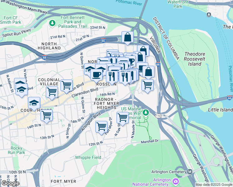 map of restaurants, bars, coffee shops, grocery stores, and more near 1600 North Oak Street in Arlington