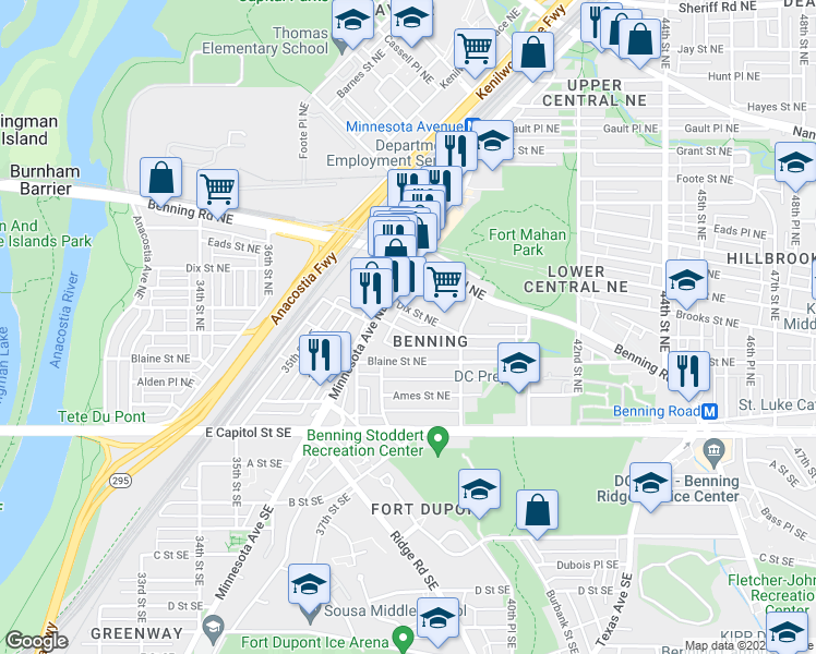 map of restaurants, bars, coffee shops, grocery stores, and more near 3930 Clay Place Northeast in Washington