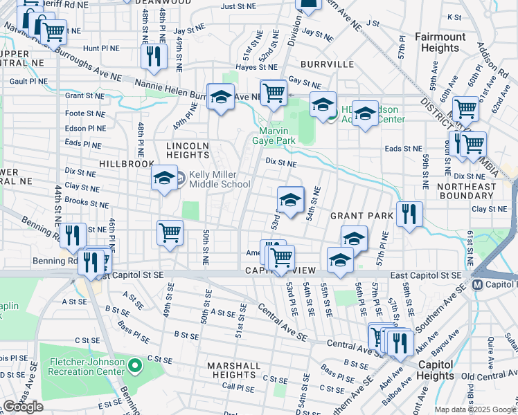 map of restaurants, bars, coffee shops, grocery stores, and more near 5208 Banks Place Northeast in Washington