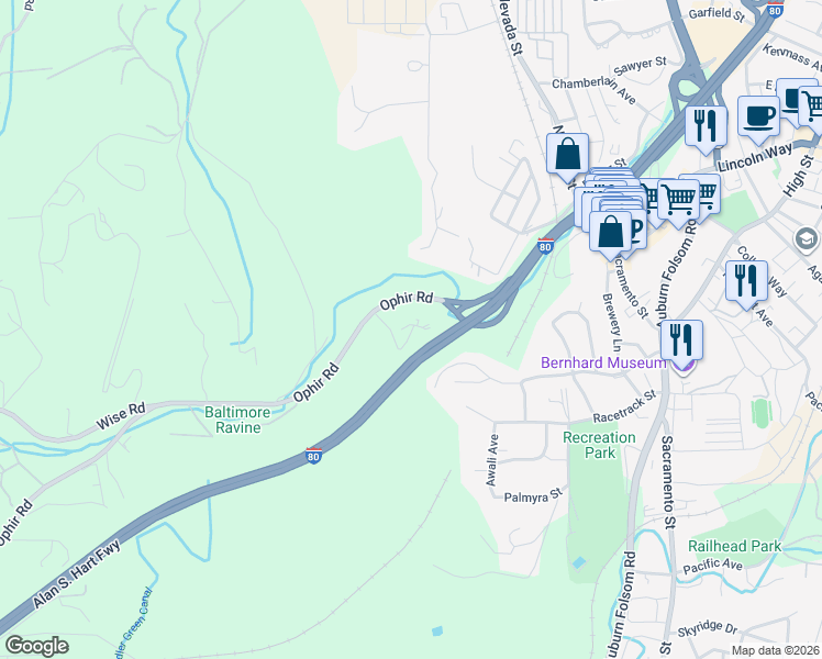 map of restaurants, bars, coffee shops, grocery stores, and more near 11233 Welty Lane in Auburn