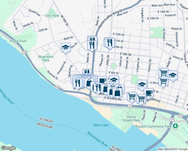 map of restaurants, bars, coffee shops, grocery stores, and more near 575 Piasa Street in Alton