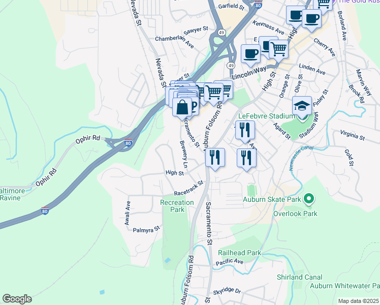 map of restaurants, bars, coffee shops, grocery stores, and more near 138 Brewery Lane in Auburn