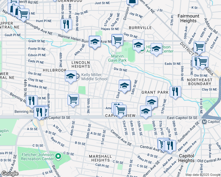 map of restaurants, bars, coffee shops, grocery stores, and more near 5206 Banks Place Northeast in Washington