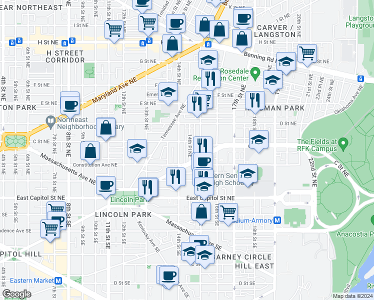 map of restaurants, bars, coffee shops, grocery stores, and more near 101 Independence Avenue Southeast in Washington