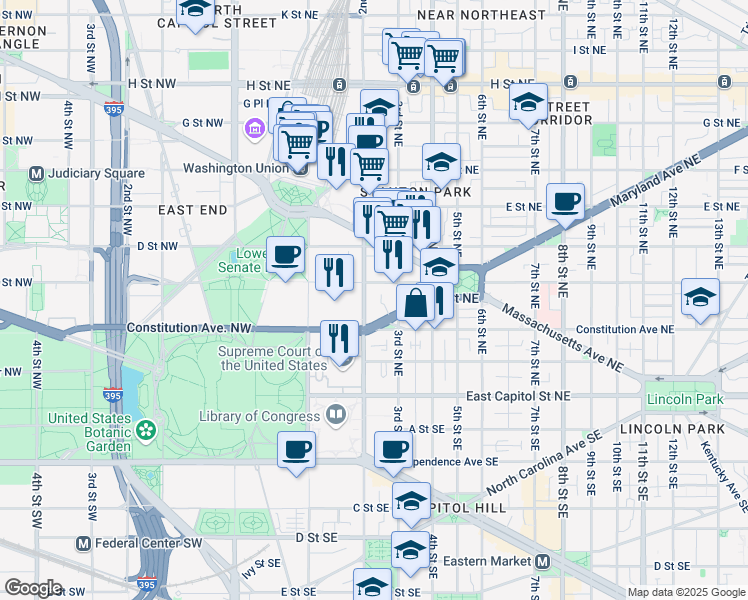 map of restaurants, bars, coffee shops, grocery stores, and more near 101 Independence Avenue Southeast in Washington