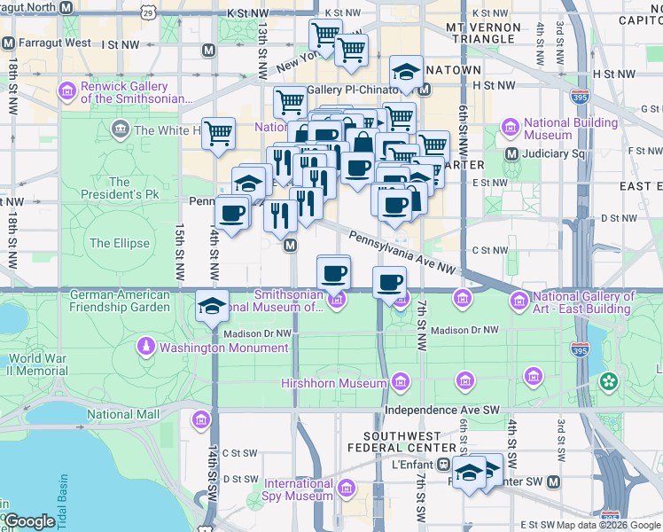 map of restaurants, bars, coffee shops, grocery stores, and more near in Washington