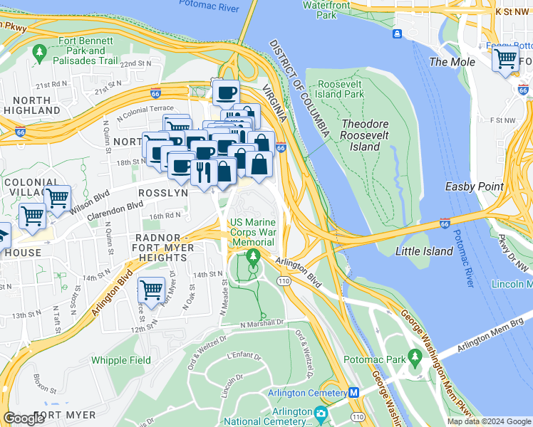 map of restaurants, bars, coffee shops, grocery stores, and more near 101 Independence Avenue Southeast in Washington