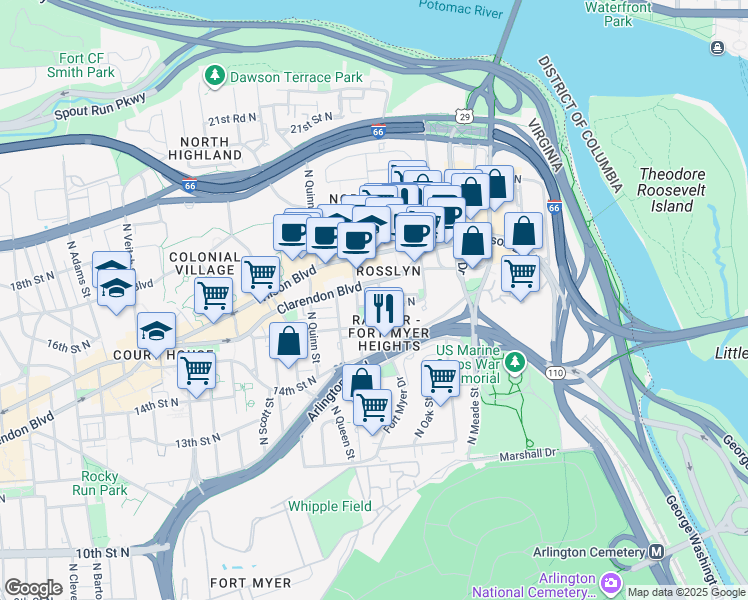 map of restaurants, bars, coffee shops, grocery stores, and more near 101 Independence Avenue Southeast in Washington