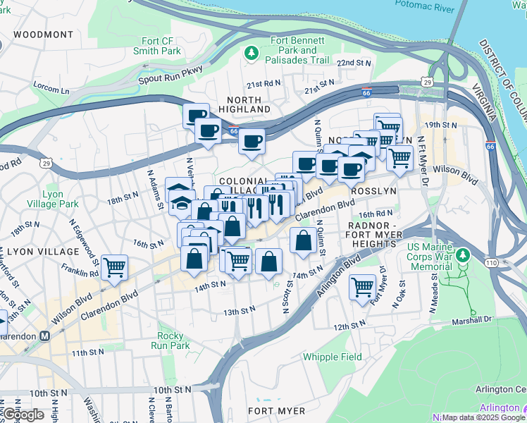 map of restaurants, bars, coffee shops, grocery stores, and more near 101 Independence Avenue Southeast in Washington