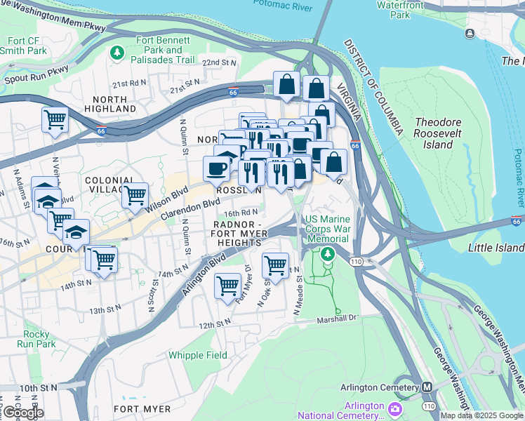 map of restaurants, bars, coffee shops, grocery stores, and more near 1600 North Oak Street in Arlington