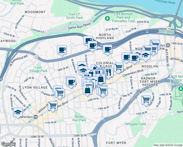 map of restaurants, bars, coffee shops, grocery stores, and more near 2107 Wilson Boulevard in Arlington