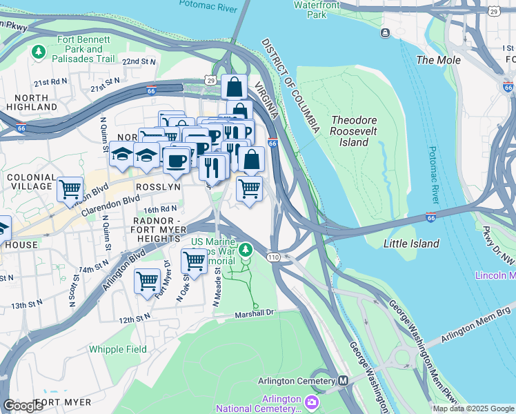 map of restaurants, bars, coffee shops, grocery stores, and more near 1021 Arlington Boulevard in Arlington