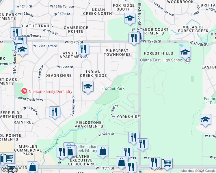 map of restaurants, bars, coffee shops, grocery stores, and more near 13023 South Chippewa Circle in Olathe