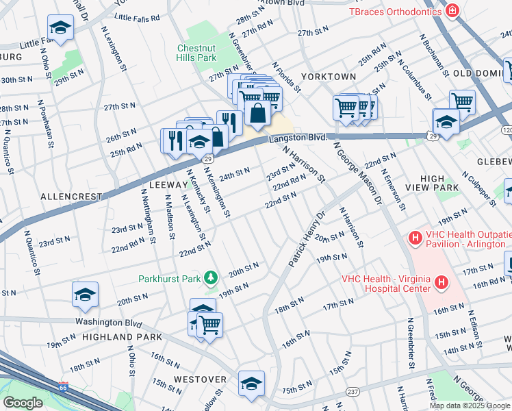 map of restaurants, bars, coffee shops, grocery stores, and more near 5523 22nd Street North in Arlington