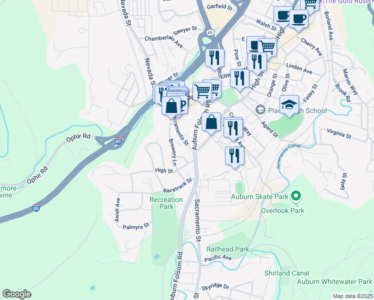 map of restaurants, bars, coffee shops, grocery stores, and more near 236 Sacramento Street in Auburn