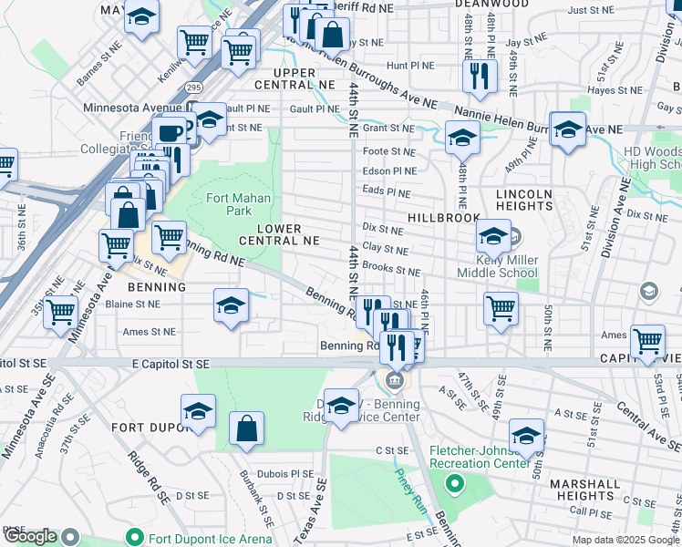 map of restaurants, bars, coffee shops, grocery stores, and more near 4321 Brooks Street Northeast in Washington