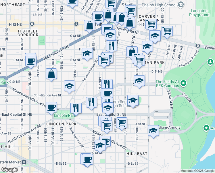 map of restaurants, bars, coffee shops, grocery stores, and more near 101 Independence Avenue Southeast in Washington