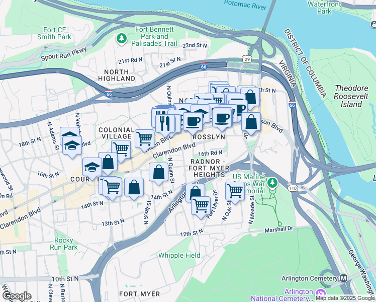 map of restaurants, bars, coffee shops, grocery stores, and more near 1600 Clarendon Boulevard in Arlington