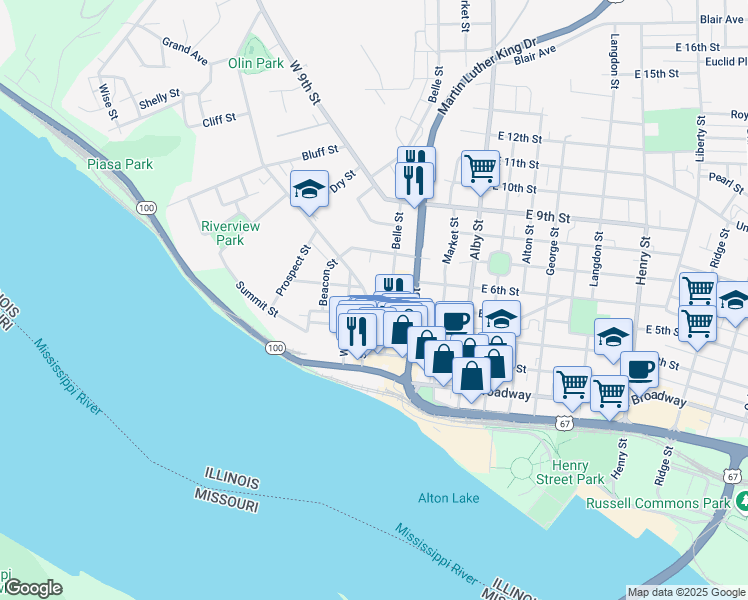 map of restaurants, bars, coffee shops, grocery stores, and more near 510 Belle Street in Alton