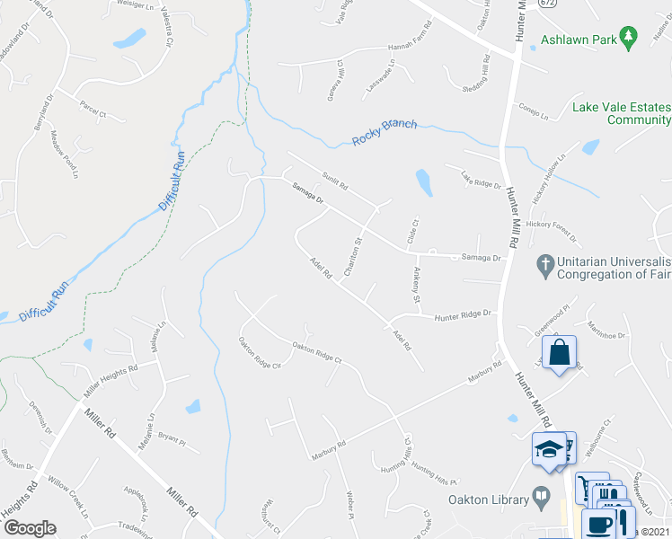 map of restaurants, bars, coffee shops, grocery stores, and more near 2806 Chariton Street in Oakton