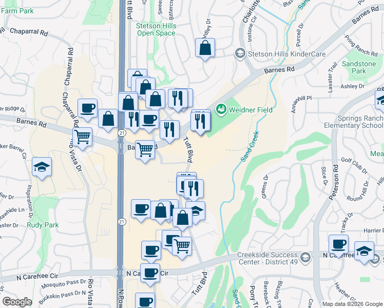 map of restaurants, bars, coffee shops, grocery stores, and more near 3905 Tutt Boulevard in Colorado Springs