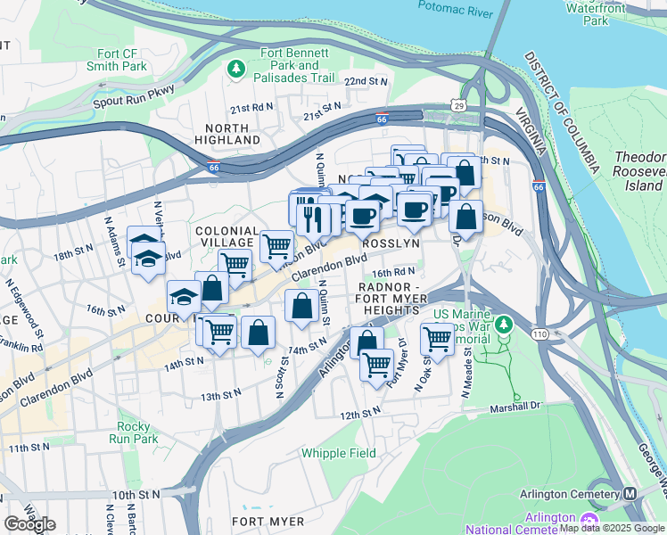 map of restaurants, bars, coffee shops, grocery stores, and more near 1700 Clarendon Boulevard in Arlington