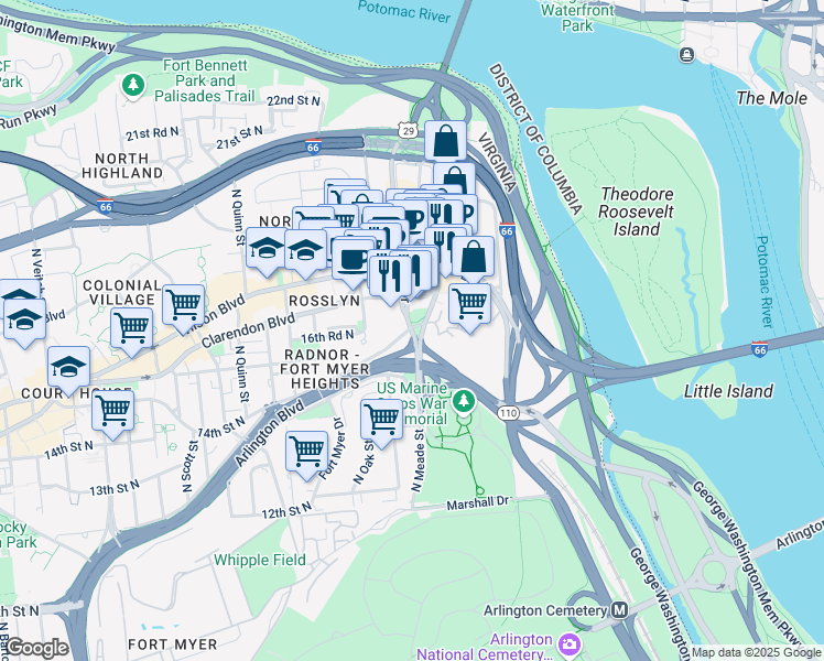 map of restaurants, bars, coffee shops, grocery stores, and more near 1701 North Fort Myer Drive in Arlington