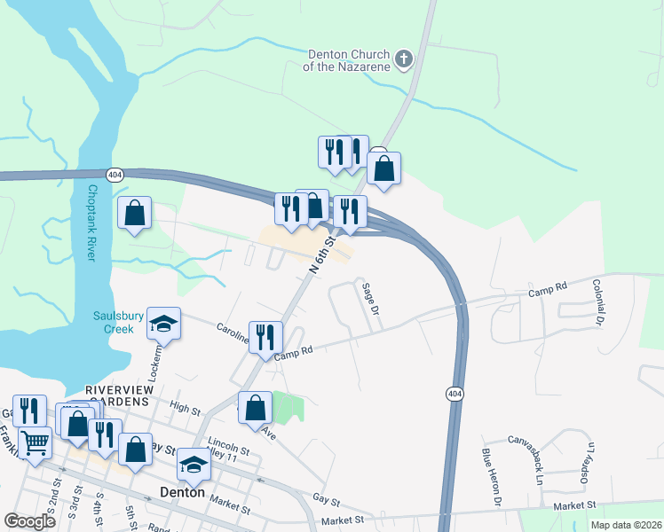 map of restaurants, bars, coffee shops, grocery stores, and more near 546 North 6th Street in Denton
