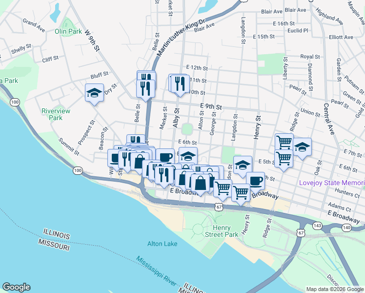map of restaurants, bars, coffee shops, grocery stores, and more near 122 East 6th Street in Alton