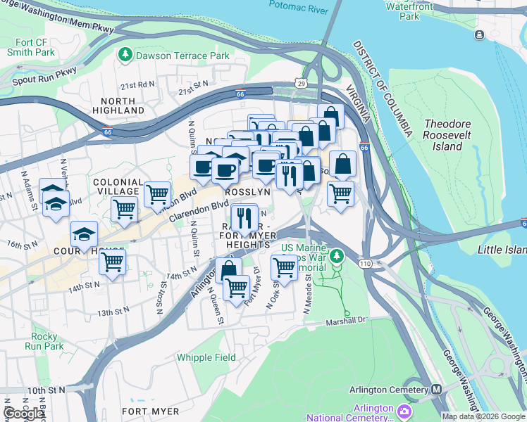 map of restaurants, bars, coffee shops, grocery stores, and more near 101 Independence Avenue Southeast in Washington