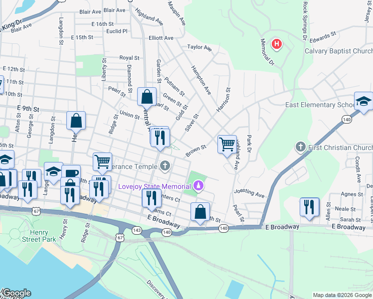 map of restaurants, bars, coffee shops, grocery stores, and more near 1220 Union Street in Alton