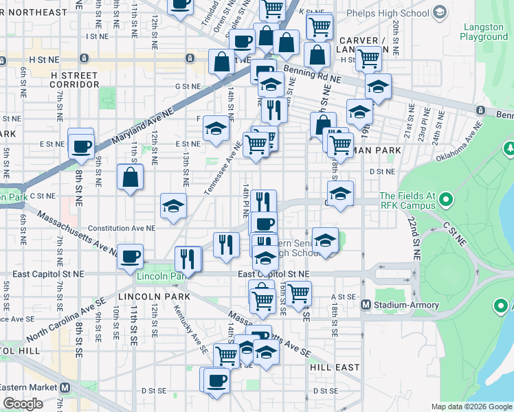 map of restaurants, bars, coffee shops, grocery stores, and more near 101 Independence Avenue Southeast in Washington