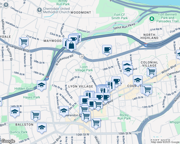 map of restaurants, bars, coffee shops, grocery stores, and more near 2723 18th Street North in Arlington