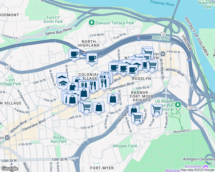map of restaurants, bars, coffee shops, grocery stores, and more near 101 Independence Avenue Southeast in Washington