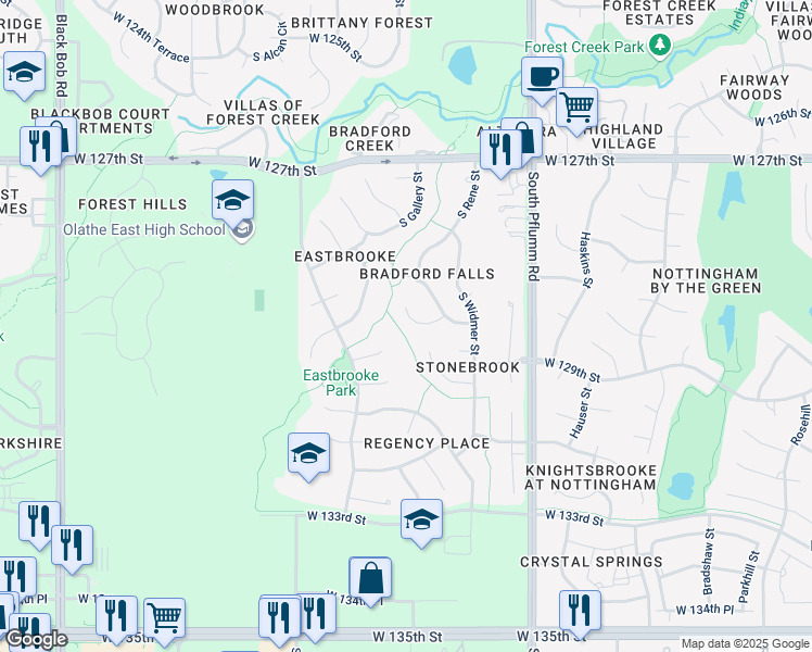 map of restaurants, bars, coffee shops, grocery stores, and more near 13659 West 129th Place in Olathe
