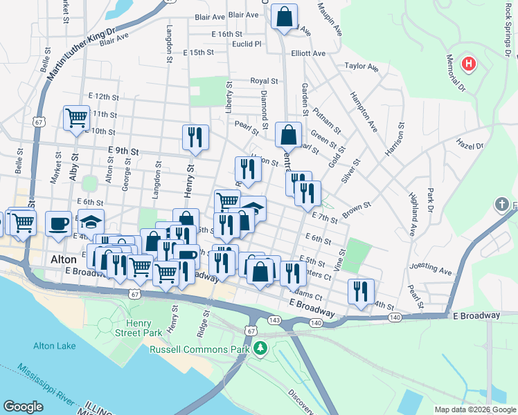 map of restaurants, bars, coffee shops, grocery stores, and more near 614 Spring Street in Alton