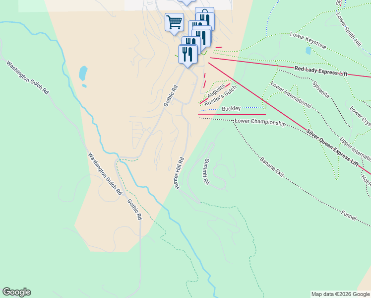 map of restaurants, bars, coffee shops, grocery stores, and more near Hunter Hill Road in Gunnison County